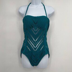 Robin Piccone Crochet One-Piece Swimsuit Teal Green Size 8 – Strapless w/ Halter